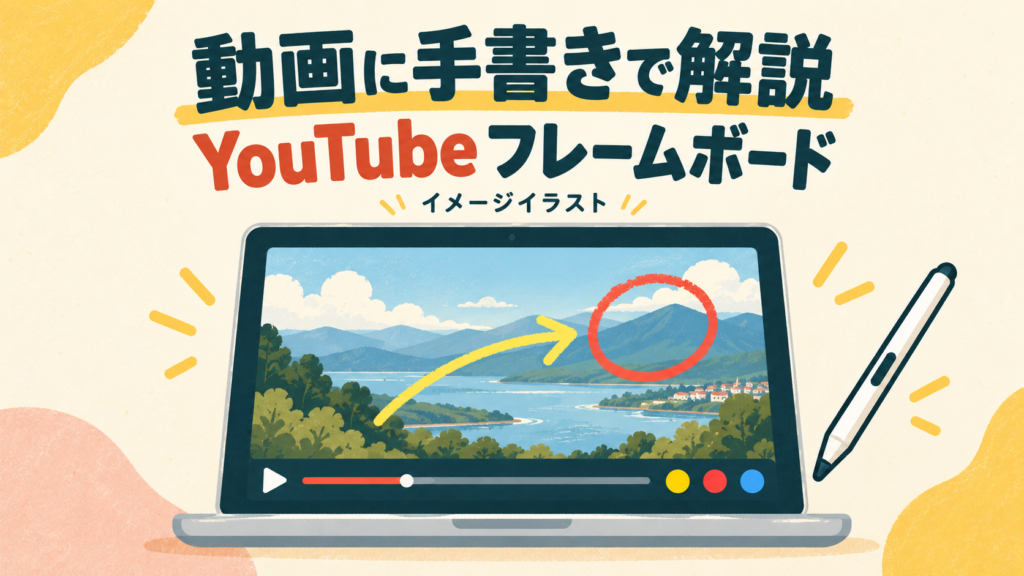 動画に手書きの矢印や丸を重ねるフレームボードのイメージイラスト。