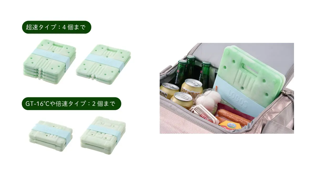 GT-16℃・倍速凍結は2個、超速凍結は4個を固定した比較とクーラー使用例