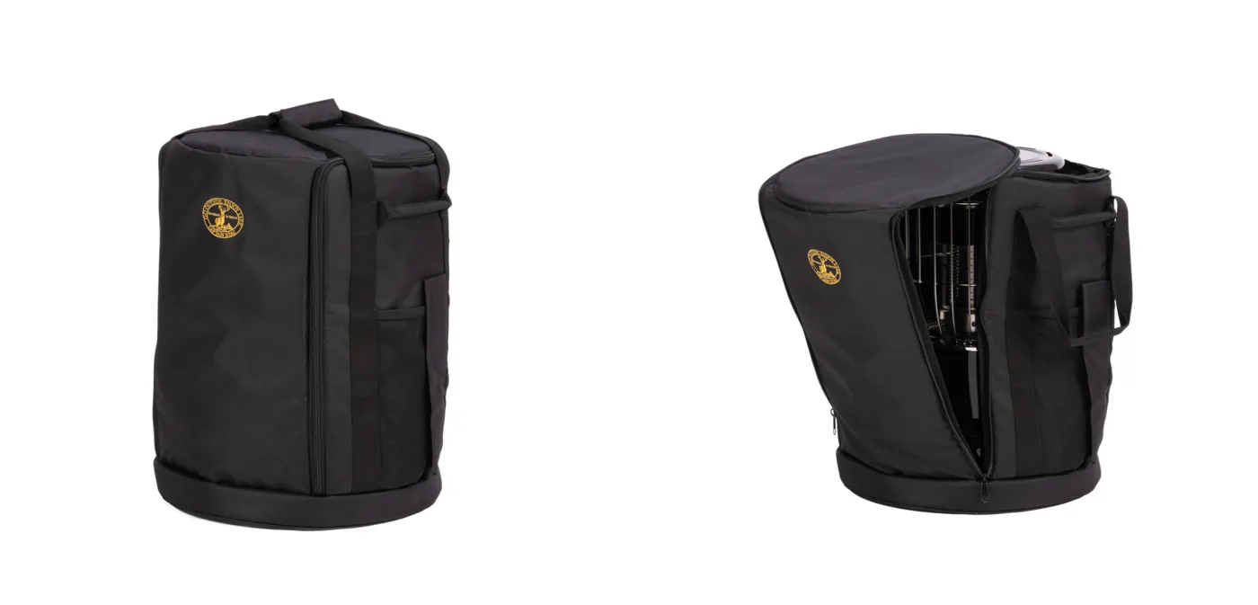 ブラックとゴールドの専用収納ケース。閉じた状態とストーブを入れた開口状態。
