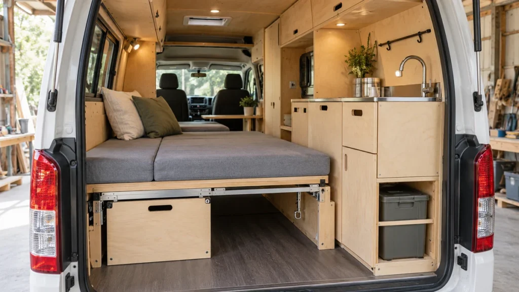 木製家具とベッドを備えた車中泊仕様の車内のAI生成イメージ。実際のRVトラスト車両やCarstay製品ではありません。