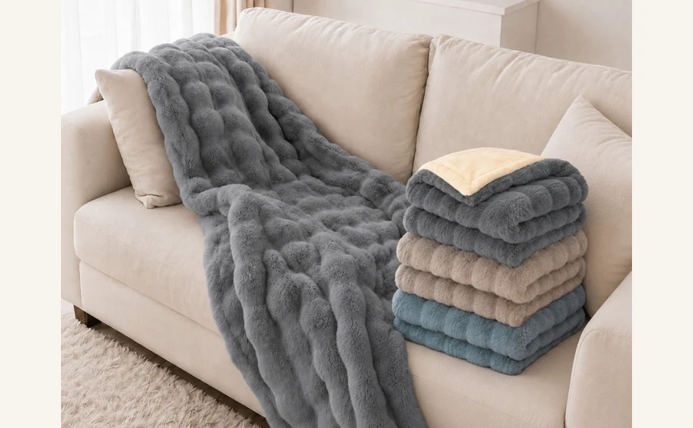 ソファに掛けたグレーのNapsと、3色の毛布を重ねた製品イメージ