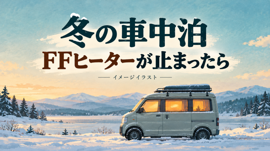 冬の車中泊とFFヒーターの記事用イメージイラスト。雪景色の中の車と見出し。