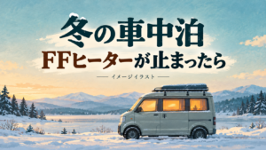 冬の車中泊とFFヒーターの記事用イメージイラスト。雪景色の中の車と見出し。